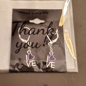 S925 Silver Cuff, Love Earrings with Purple Heart Charm